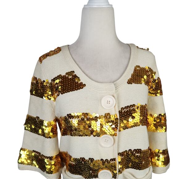 Vintage Y2K Forever 21 Cream Knit Cardigan Sweater Gold Sequin Stripes M - Picture 2 of 5